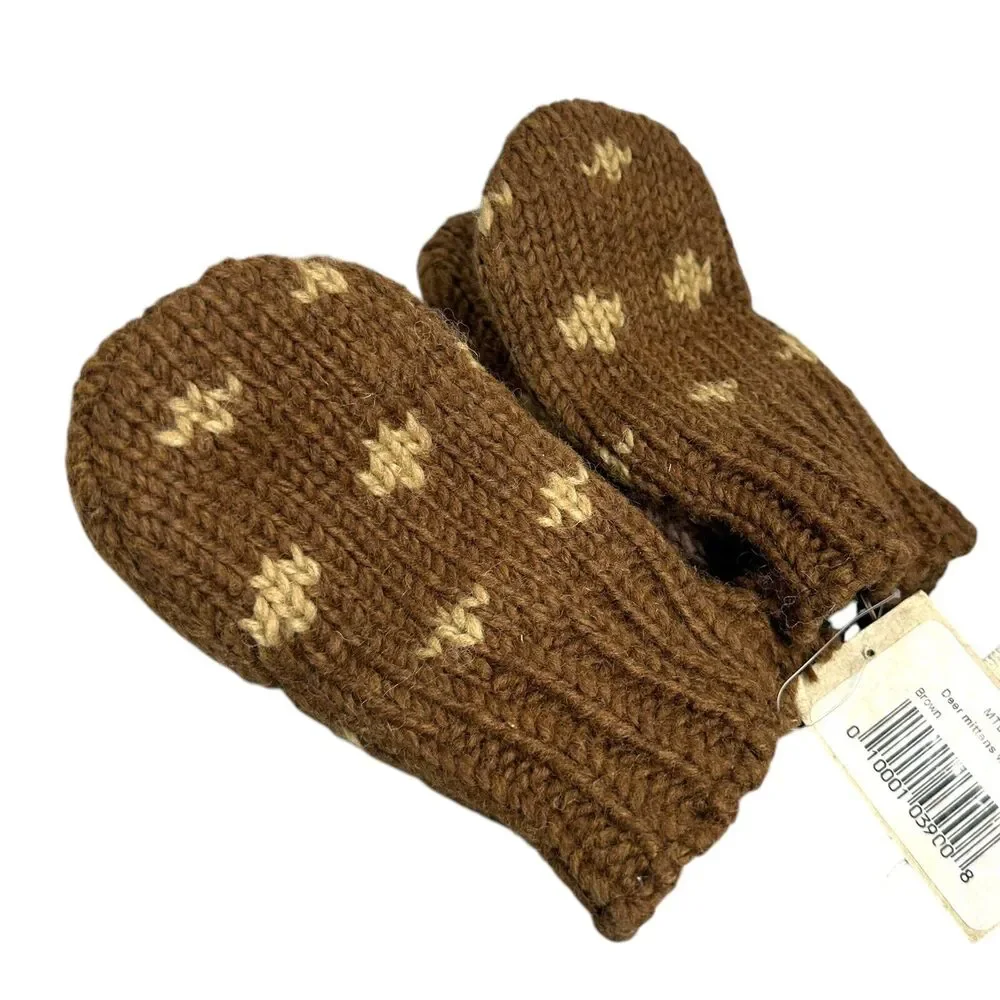 Kids Wool Knit Mittens Fleece Lining Deer Nirvanna Design Hand Made Nepal M/L